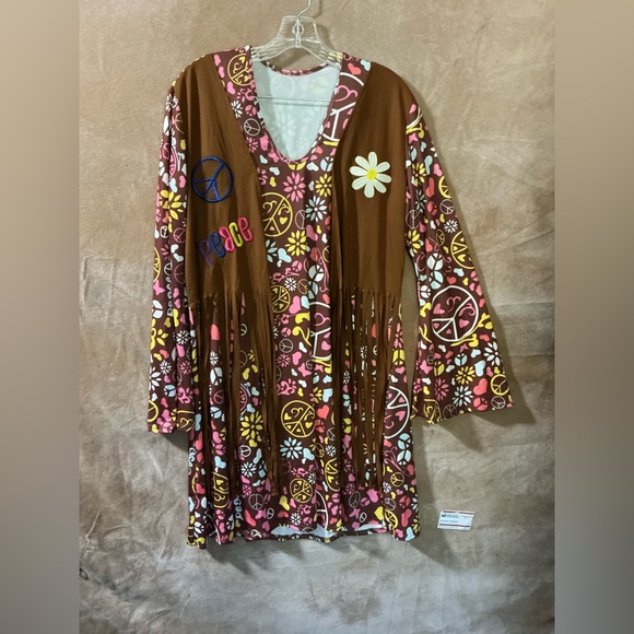 70’s party groovy holloween peace love Brown Floral Dress - Picture 1 of 8